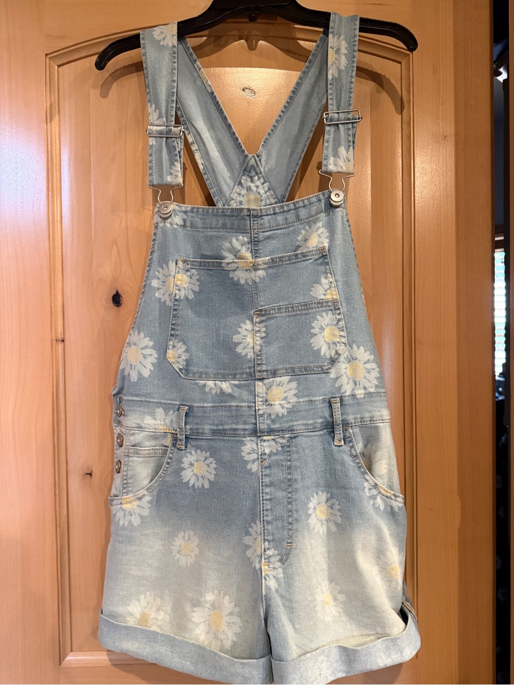 No Boundaries Light Blue Daisy Denim Short Overalls